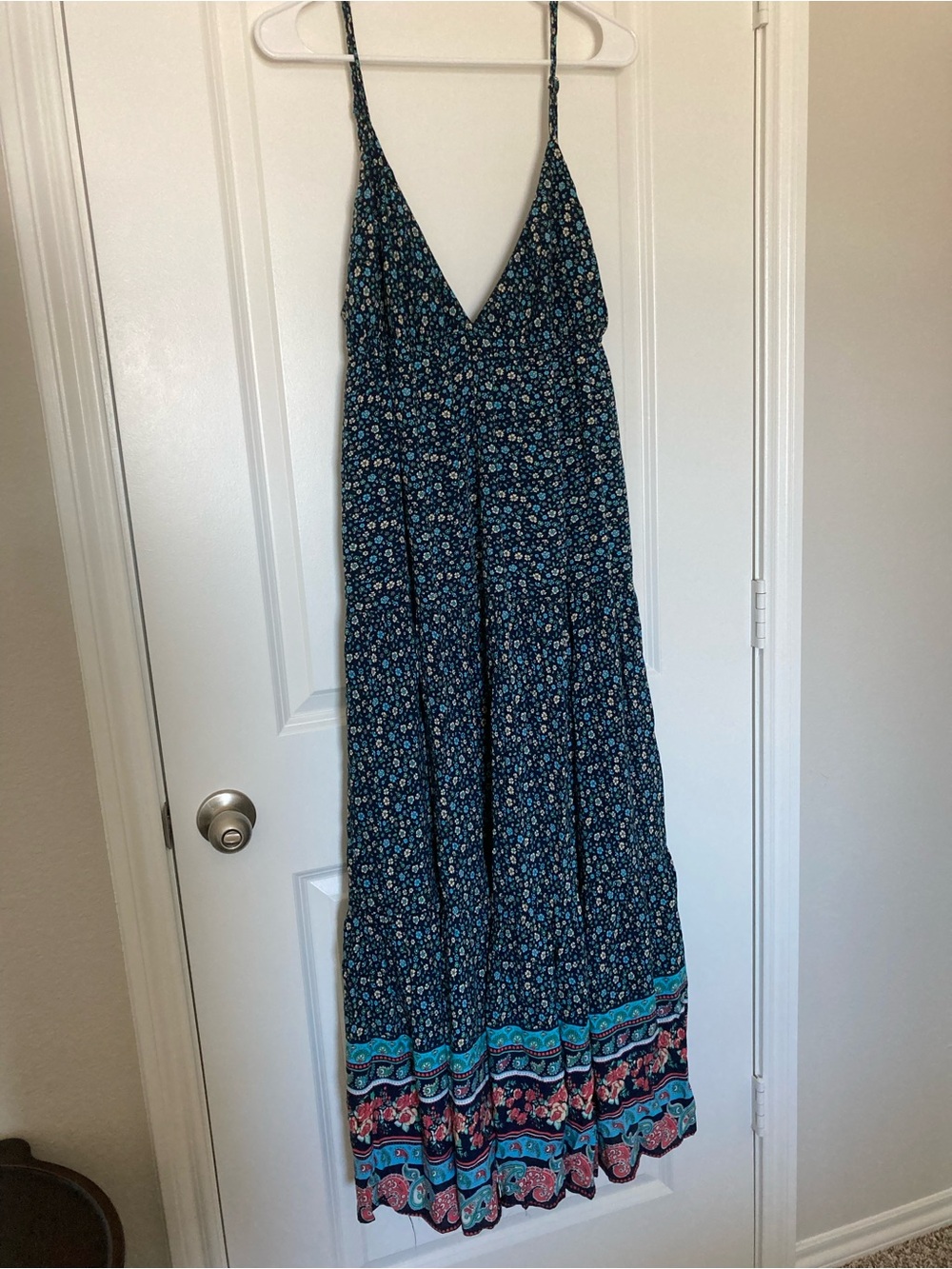 Lulu's Navy Floral Midi Dress with Teal and Coral Border
